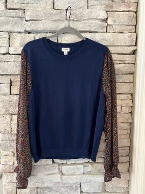 J. Crew Navy Sweater with Floral Puff Sleeves